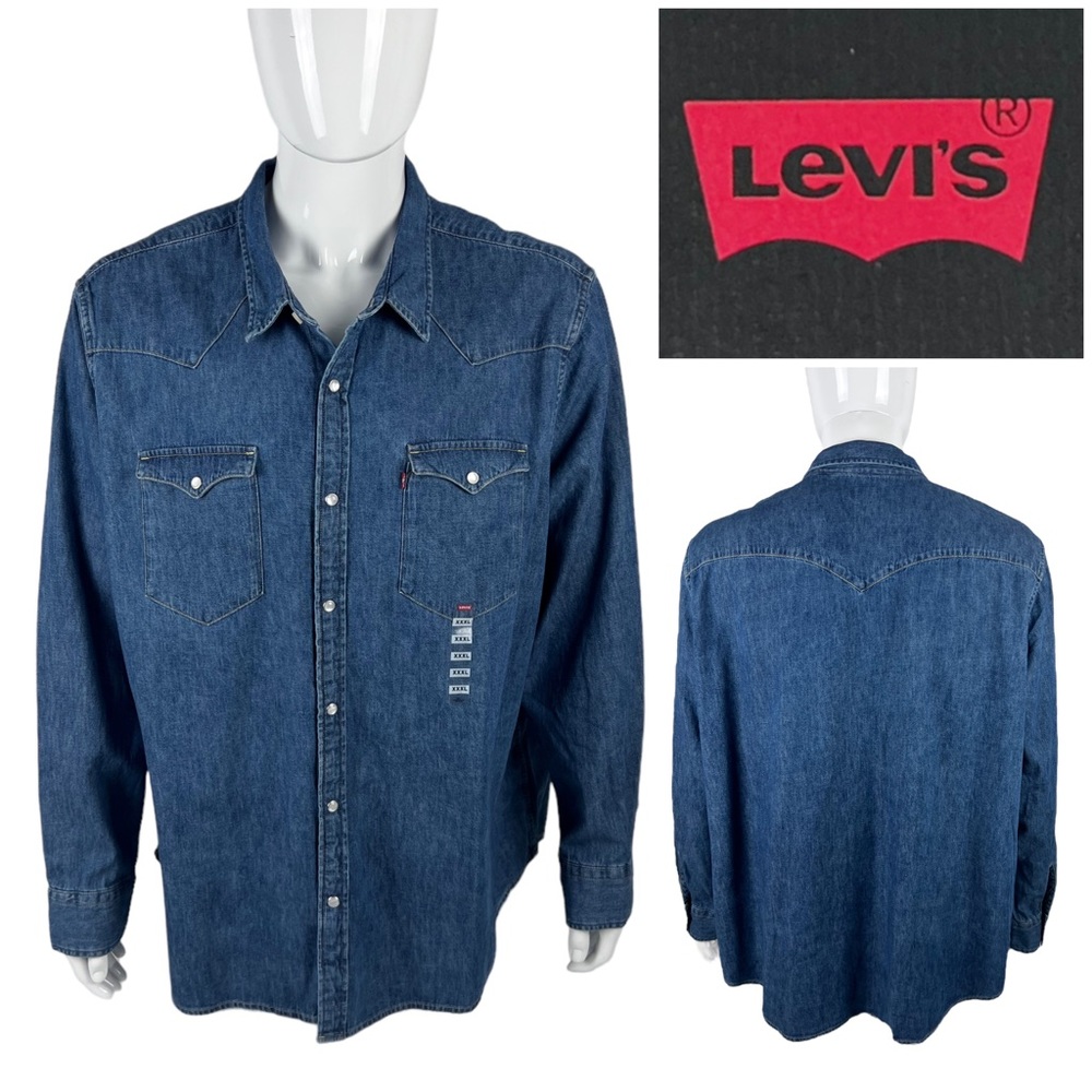 Levi's Mens Size 3XL Shirt Western Denim Pearl Snap Button Blue 100% Cotton NWT